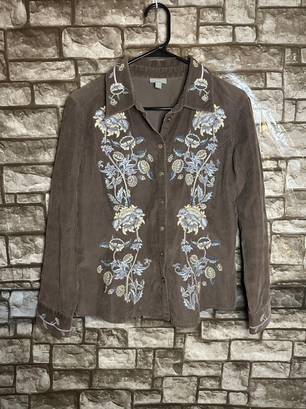 Vintage Y2K J.Jill Embroidered Brown Corduroy Floral Button-Up Shirt